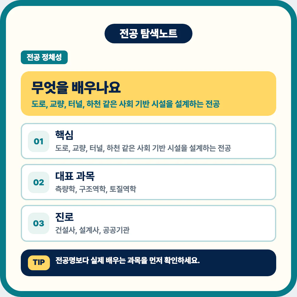 토목공학과 전공 내용과 대표 과목 설명 이미지