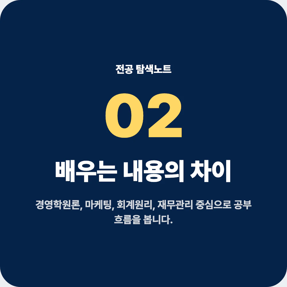 경영학과 배우는 내용과 핵심 과목 차이를 정리한 이미지