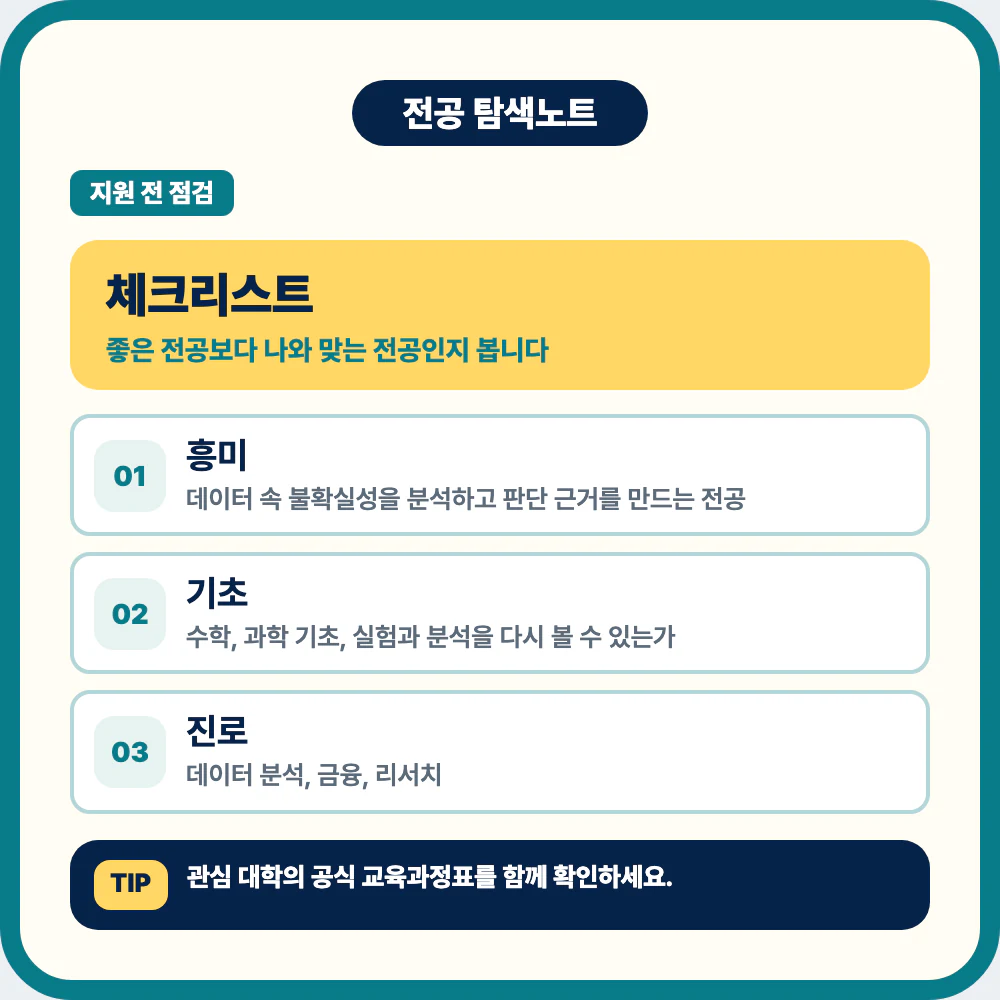 통계학과 지원 전 전공 흥미 기초 과목 학습 방식 진로 체크리스트 이미지