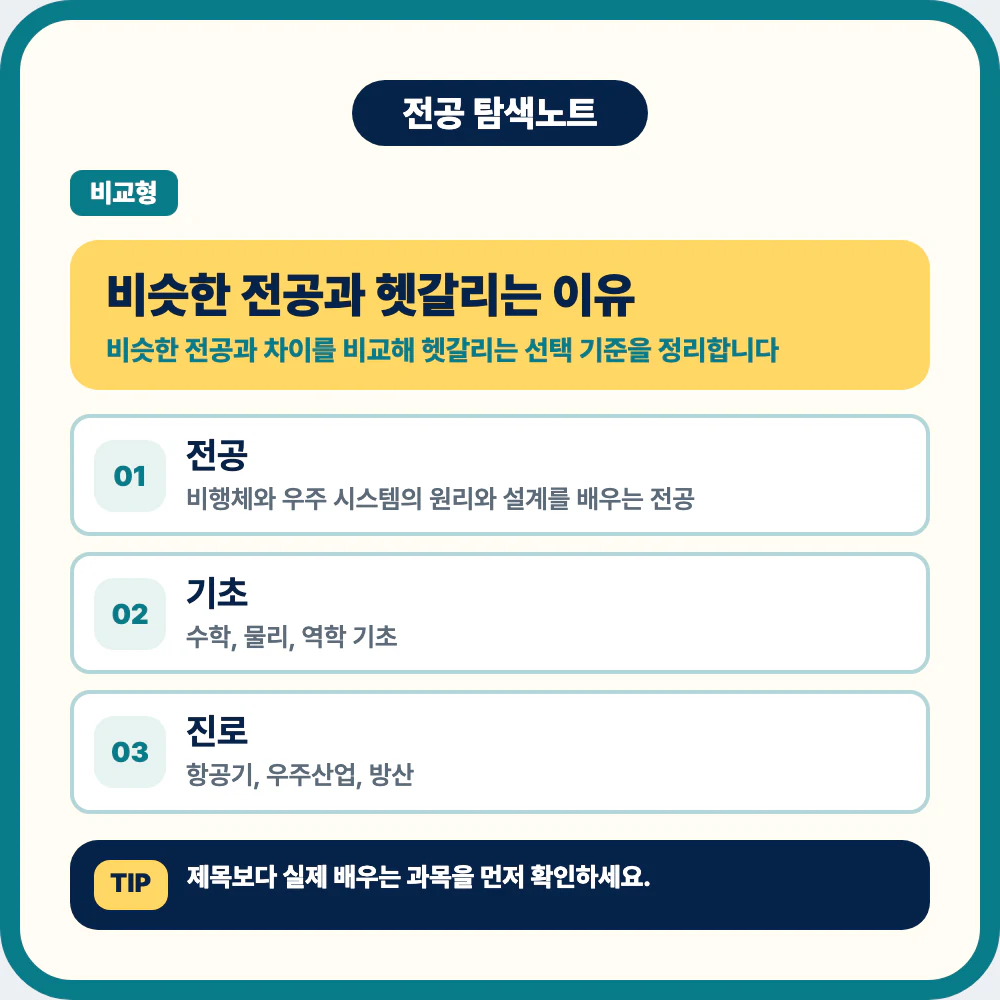 항공우주공학과 전공 정체성과 대표 과목을 설명하는 비교 이미지