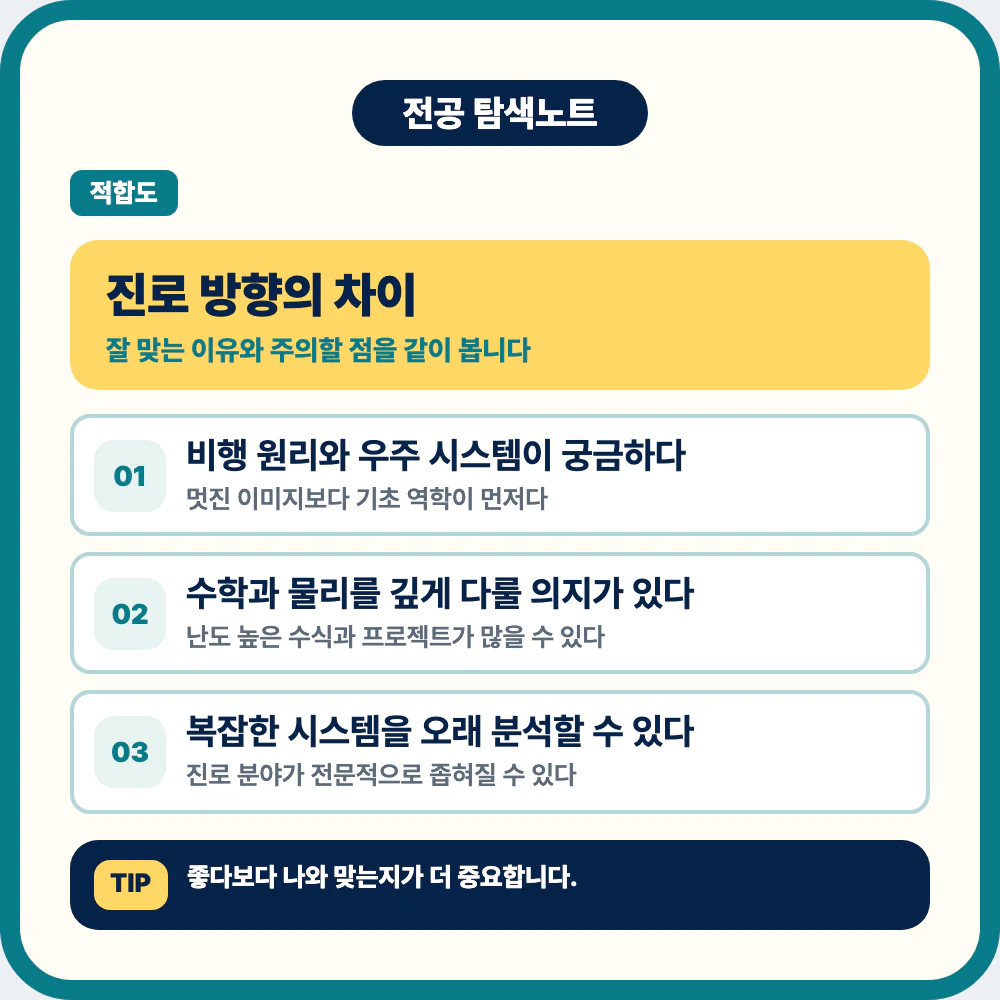 항공우주공학과 진로 방향과 학생 유형별 선택 기준 비교 이미지