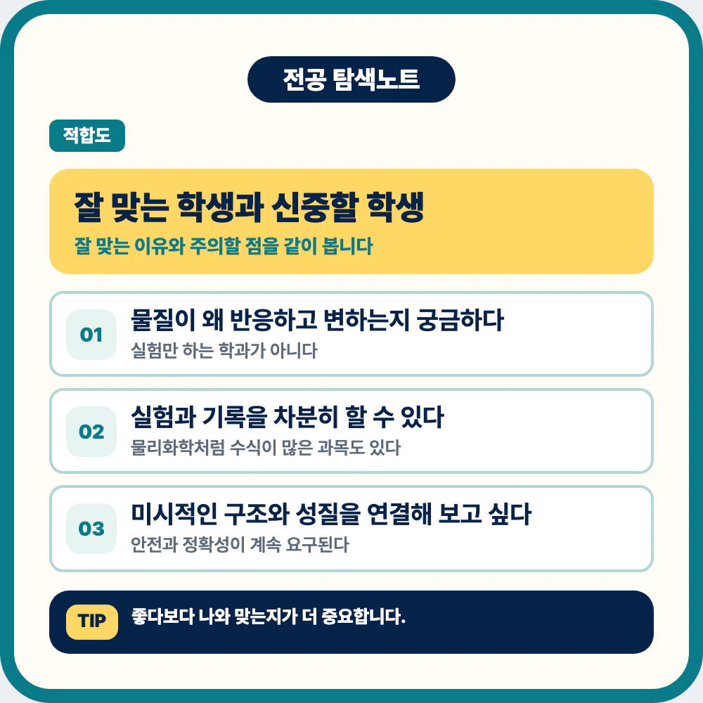 화학과에 잘 맞는 학생과 신중할 학생 유형 이미지