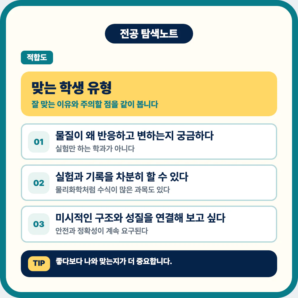 화학과에 맞는 학생 유형과 실험 기록 전공 적응 체크 이미지