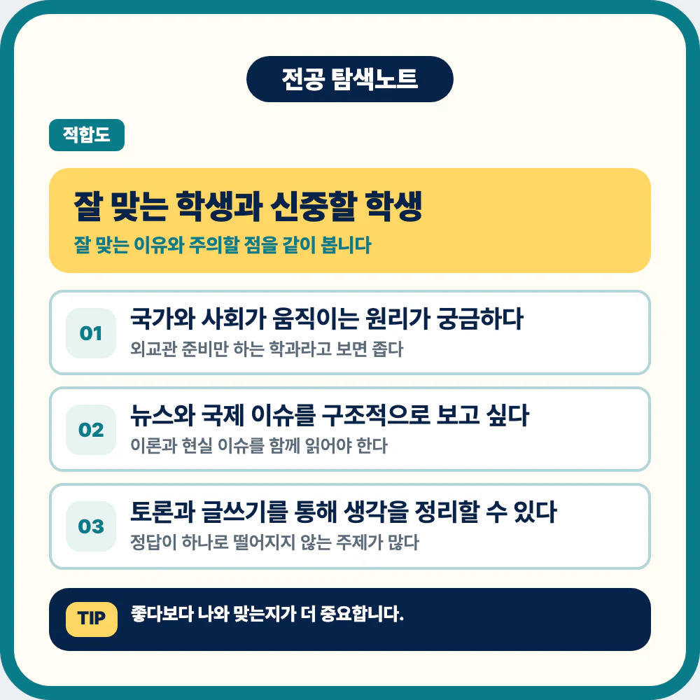 정치외교학과에 잘 맞는 학생과 신중할 학생 비교 이미지