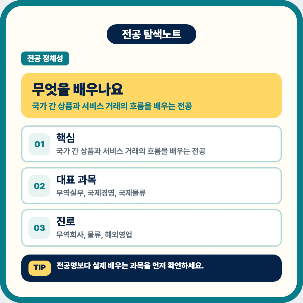 무역학과 전공의 중심과 대표 과목을 설명하는 이미지