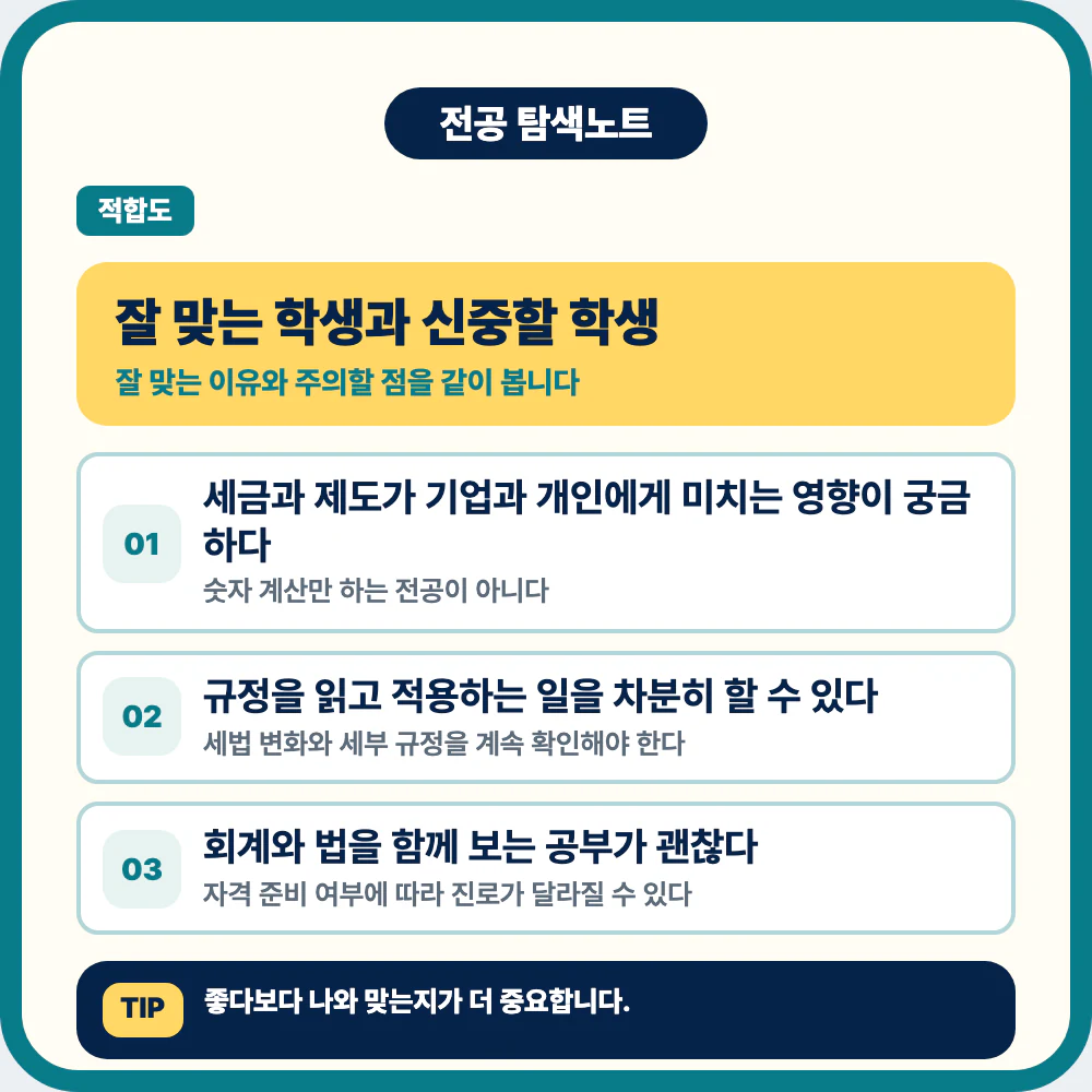 세무학과에 잘 맞는 학생과 지원 전 신중해야 할 학생 유형 이미지