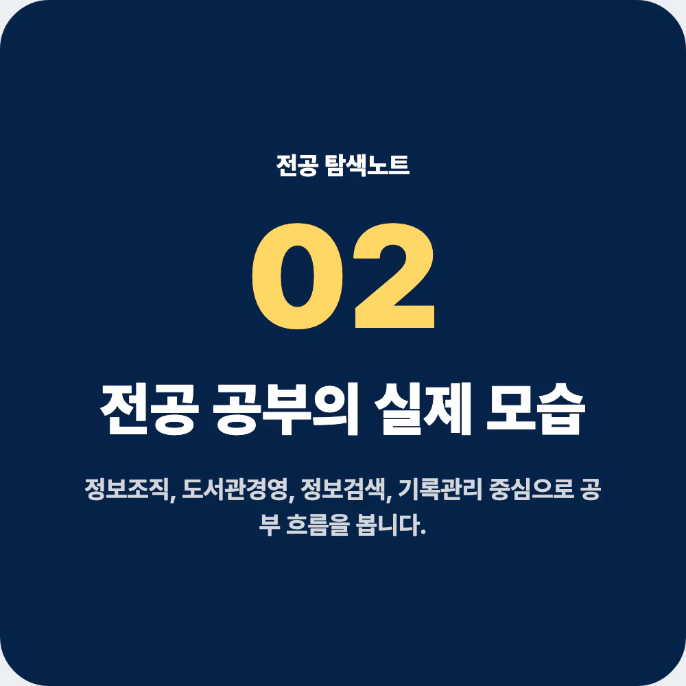 문헌정보학과 전공 공부와 대표 과목을 설명하는 이미지