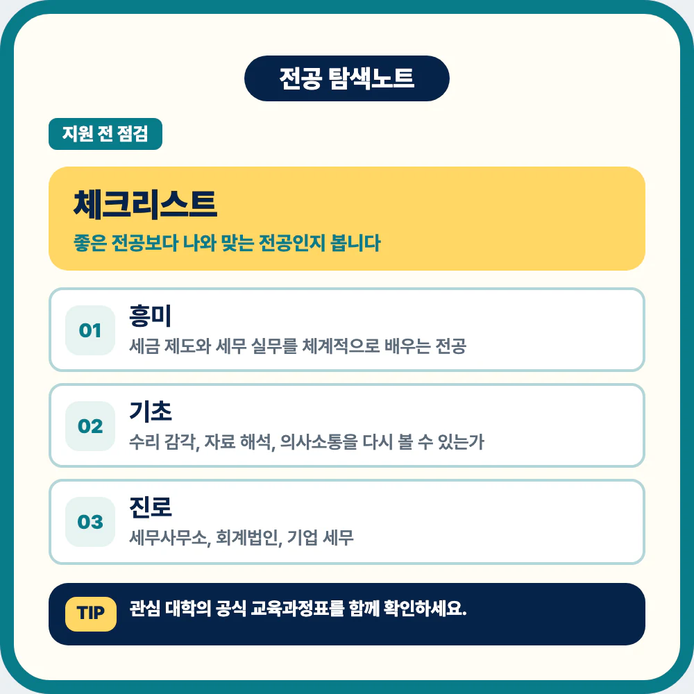 세무학과 지원 전 흥미 기초 과목 학습 방식 진로 체크리스트 이미지