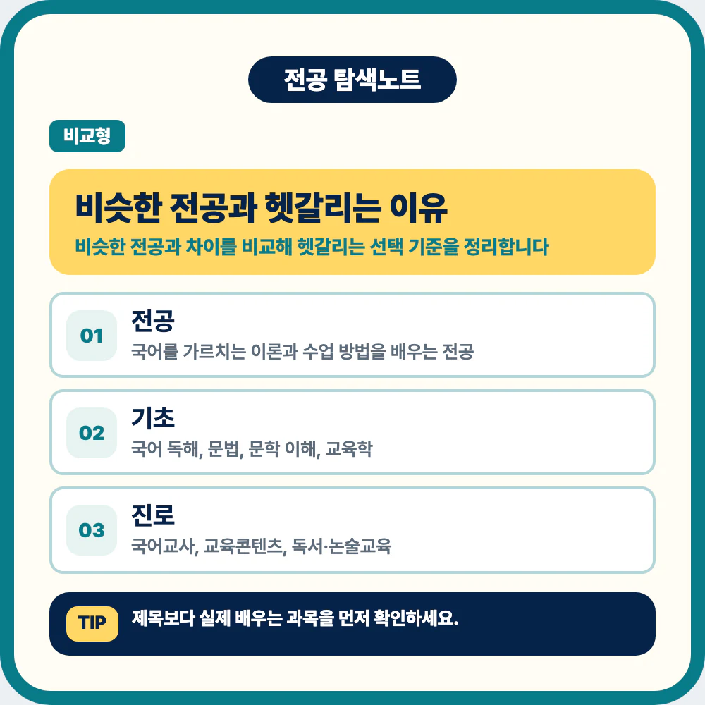국어교육과 전공 정체성과 대표 과목을 확인하는 비교 안내 이미지