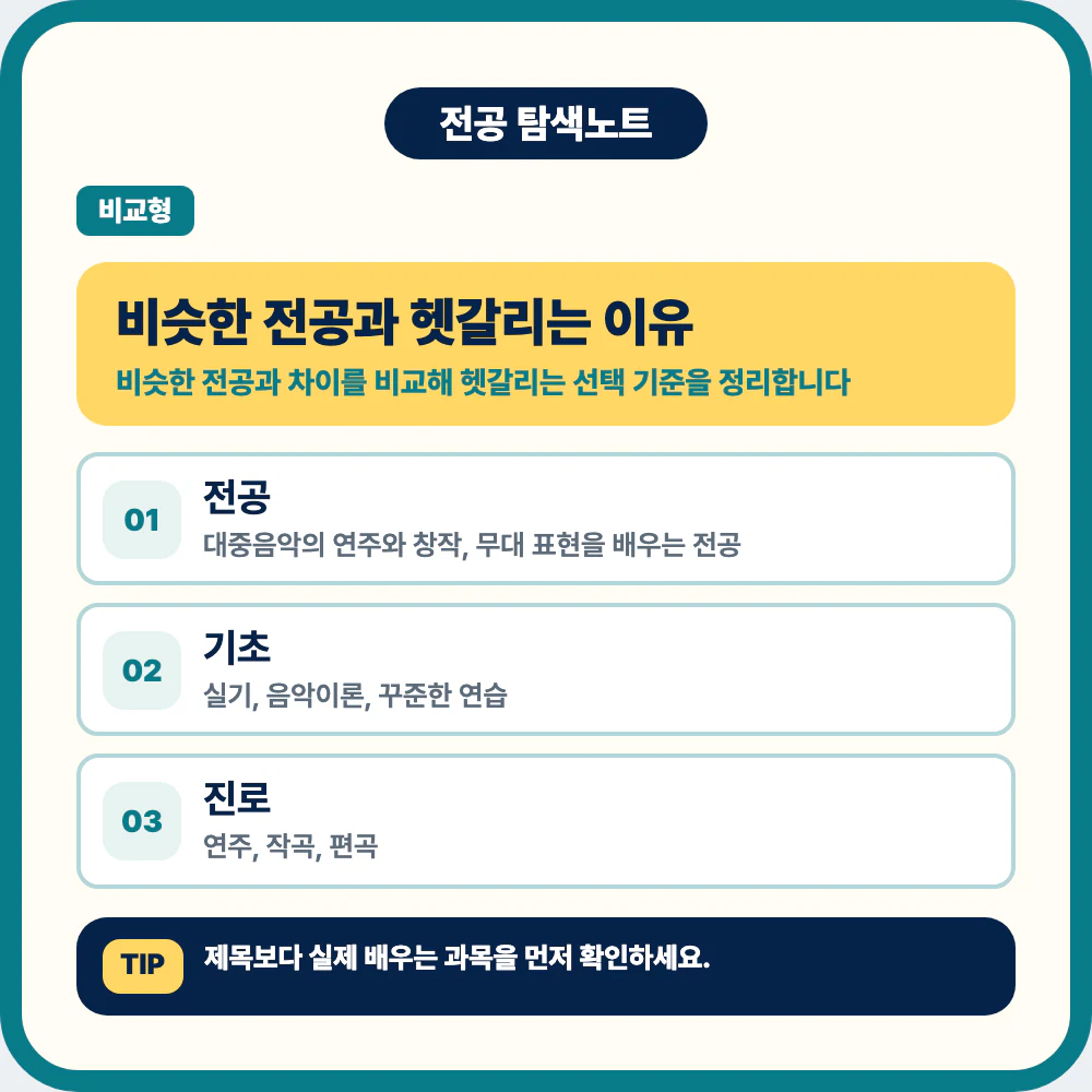 실용음악과 전공 정체성과 대표 과목을 확인하는 비교 안내 이미지