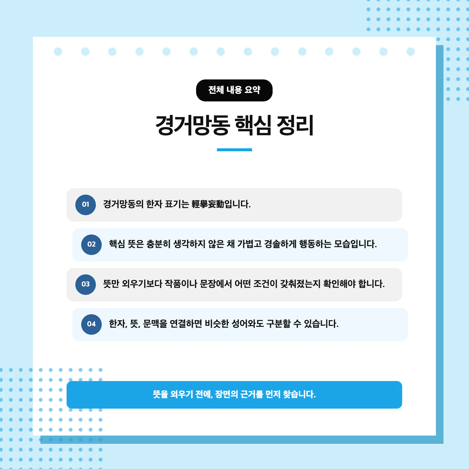 경거망동 한자 輕擧妄動과 핵심 뜻을 정리한 국어 학습 이미지