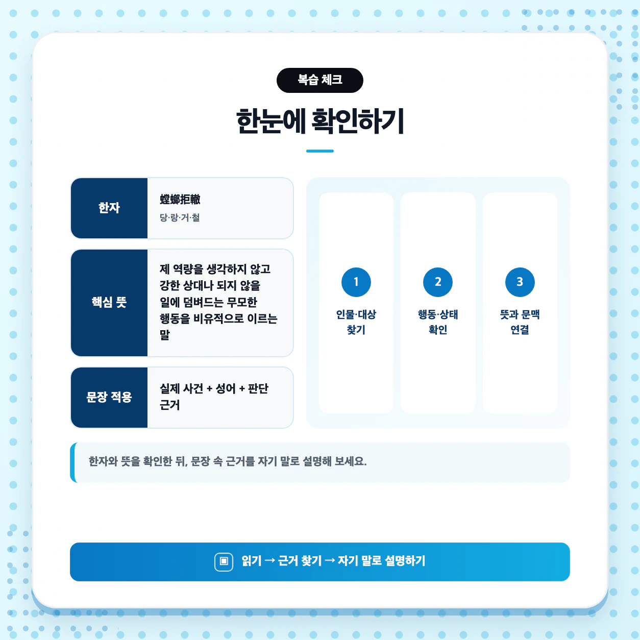 당랑거철 복습 메모와 한자 螳螂拒轍 확인을 위한 국어 학습 이미지