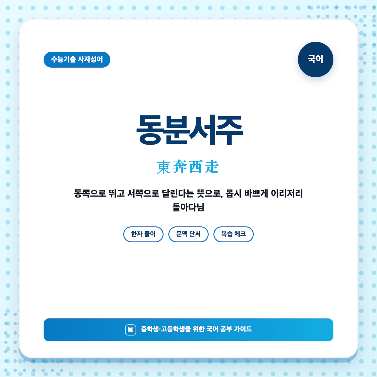 고등 국어 사자성어 동분서주 뜻과 한자 東奔西走를 한눈에 정리한 이미지