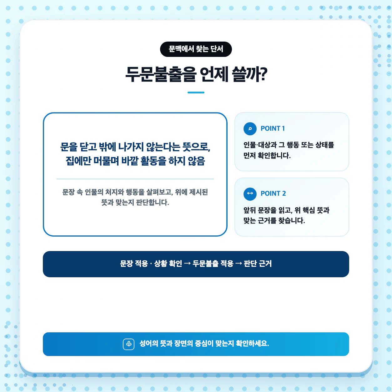 두문불출으로 문장 만들기와 사자성어 쓰임 연습 이미지