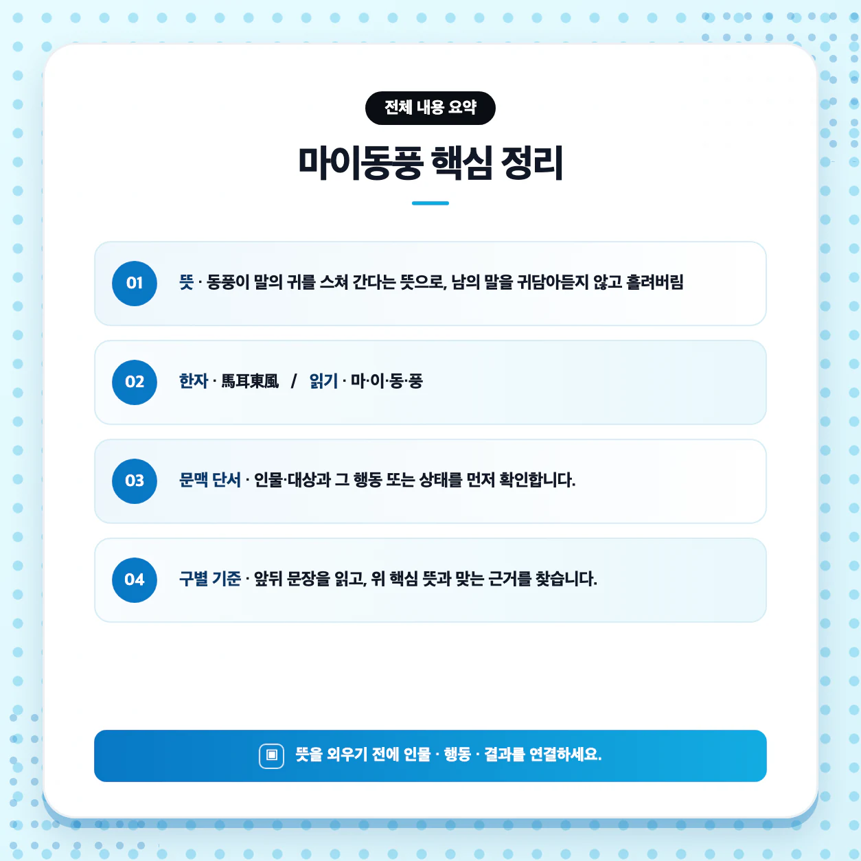 마이동풍 뜻을 장면에 대입해 국어 문장 맥락에서 판단하는 학습 이미지