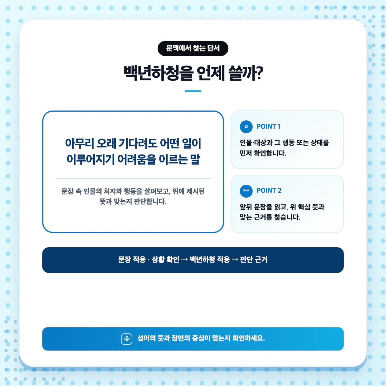 백년하청으로 문장 만들기와 사자성어 비교 학습 이미지
