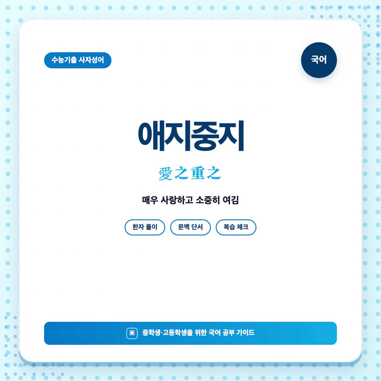 수능기출 사자성어 애지중지 뜻과 한자 愛之重之를 한눈에 정리한 학습 이미지