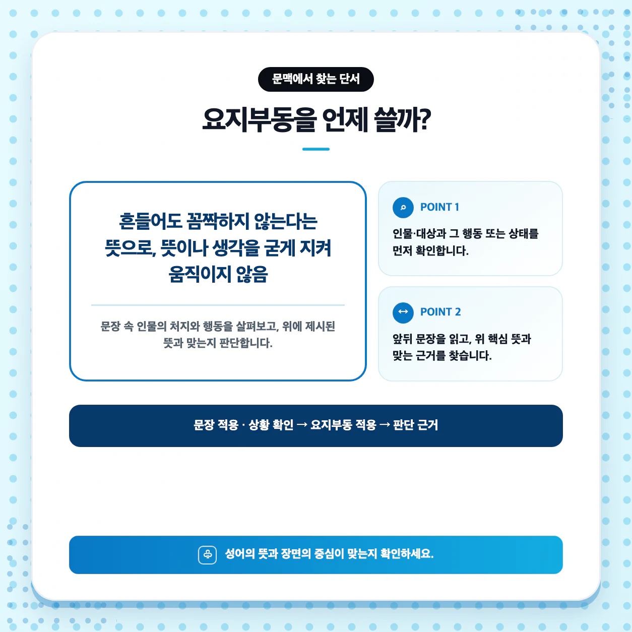 요지부동을 활용해 국어 예문을 만드는 방법을 설명한 문장 학습 이미지