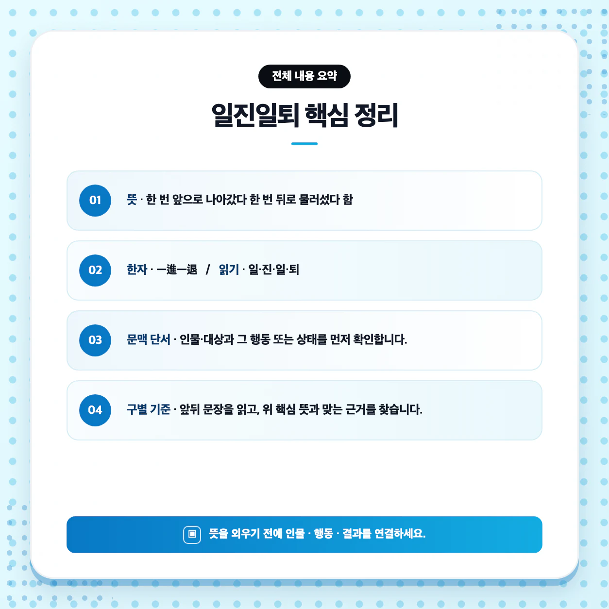 일진일퇴 뜻을 장면과 문맥에 대입해 판단하는 국어 독해 학습 이미지