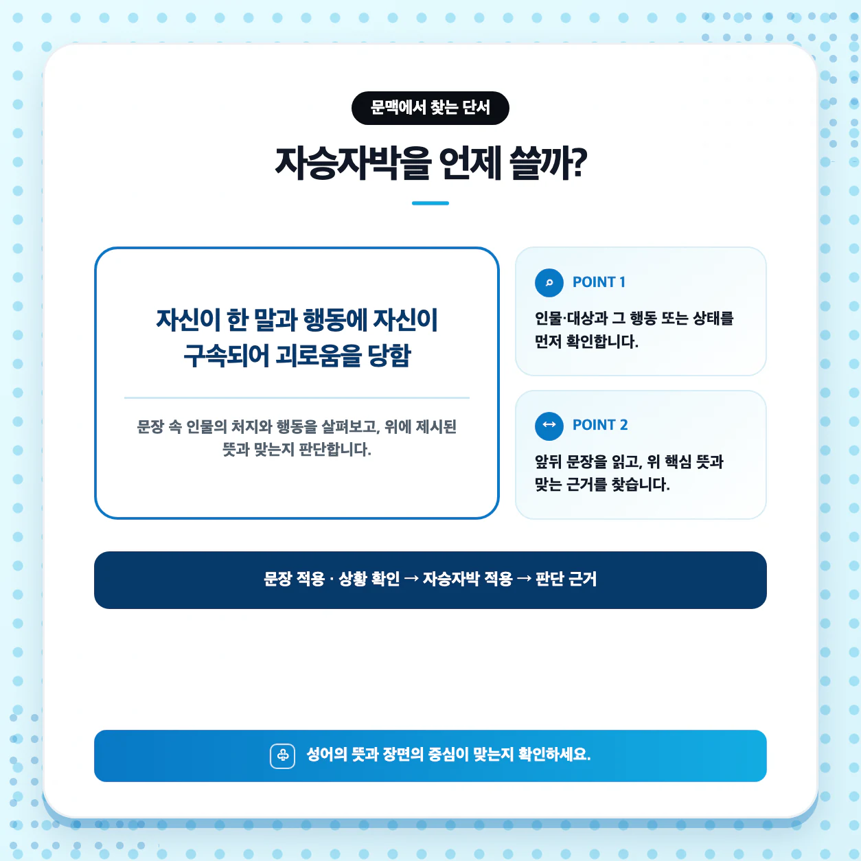 자승자박으로 문장 만들기와 自繩自縛 읽기를 연습하는 국어 학습 이미지
