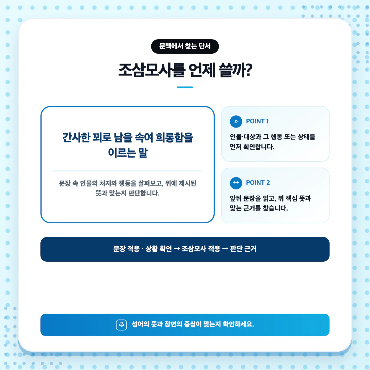 조삼모사를 활용해 문장을 만드는 방법을 설명한 수능기출 사자성어 학습 이미지