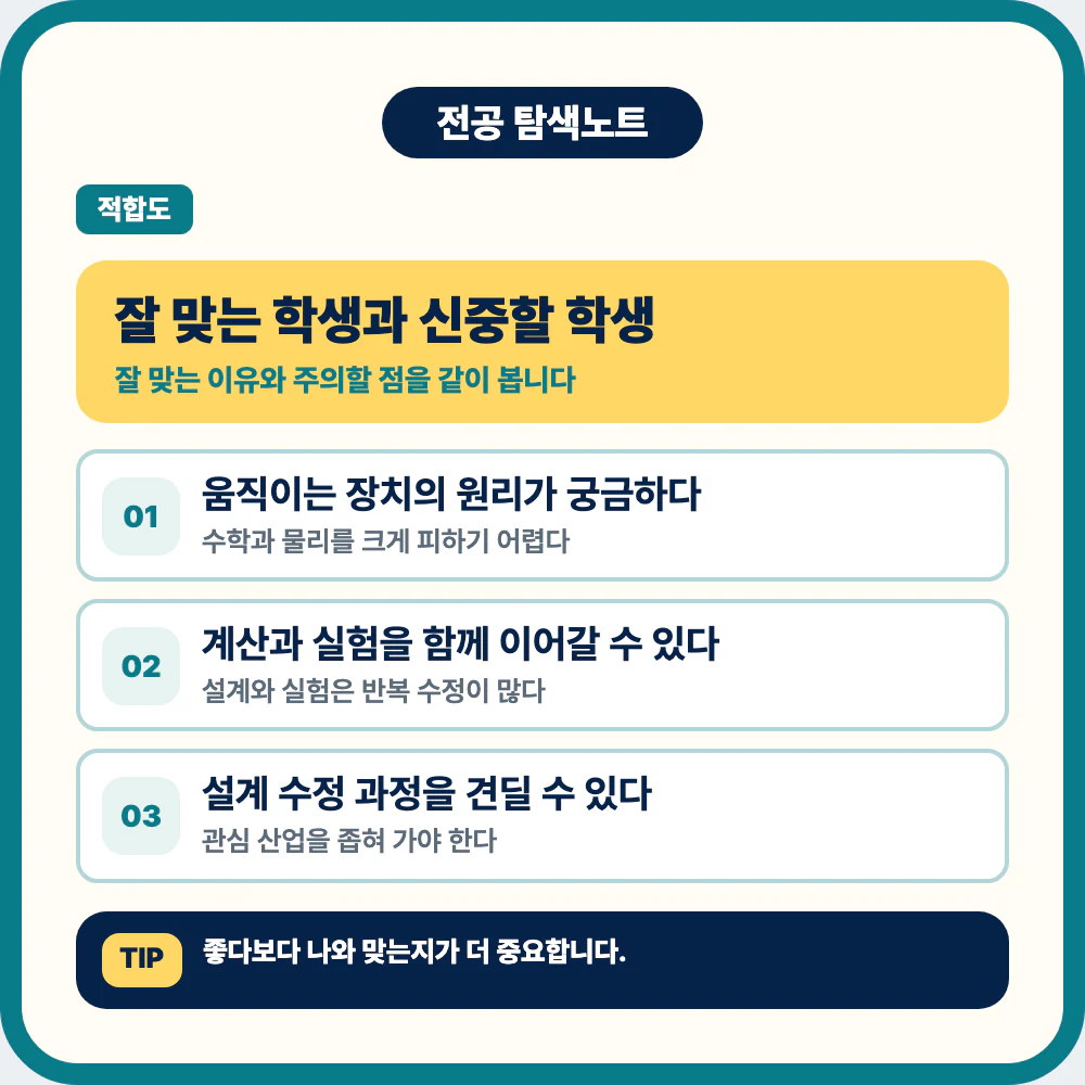 기계공학과에 잘 맞는 학생 유형과 신중할 학생 체크 이미지