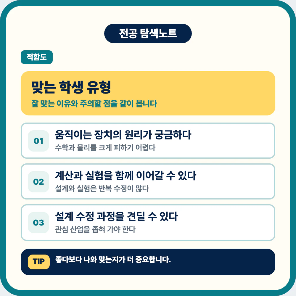 기계공학과에 맞는 학생 유형과 수학 물리 실험 역량 체크 이미지