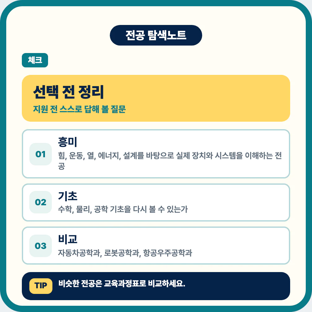 기계공학과 선택 전 체크 질문과 전공 적합도 정리 이미지