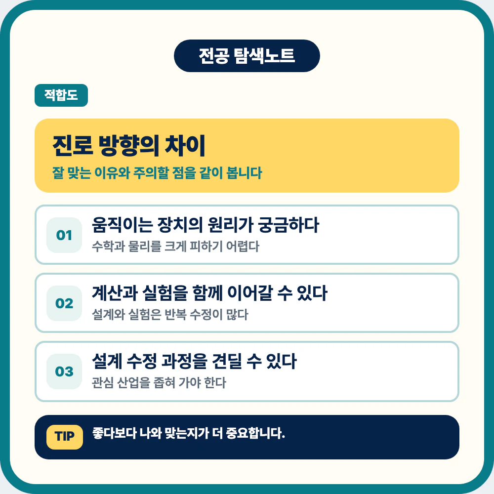 기계공학과 진로 방향과 학생 유형별 적합성 비교 이미지