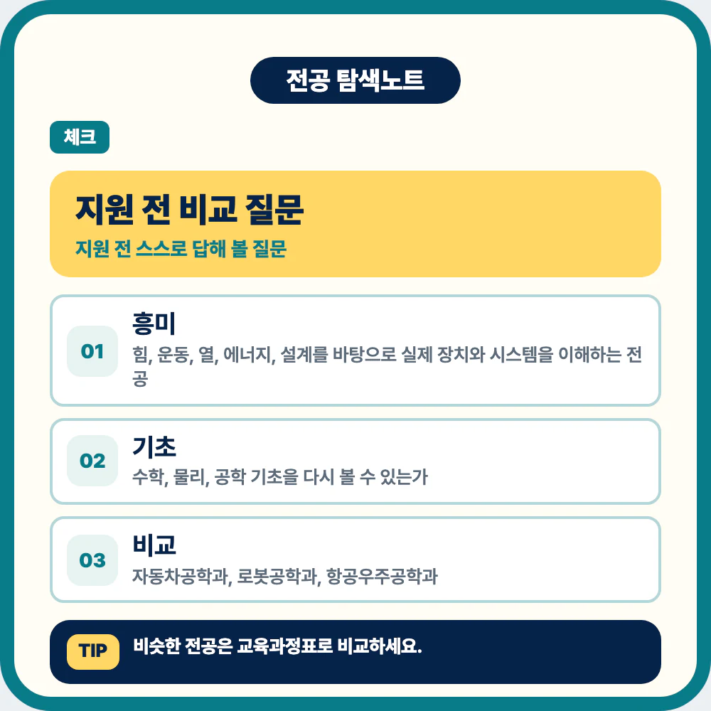 기계공학과 지원 전 비교 질문과 전공 적합도 체크리스트 이미지