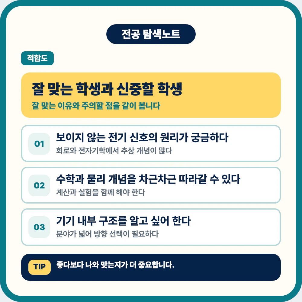 전기전자공학과에 잘 맞는 학생과 신중할 학생 유형 이미지