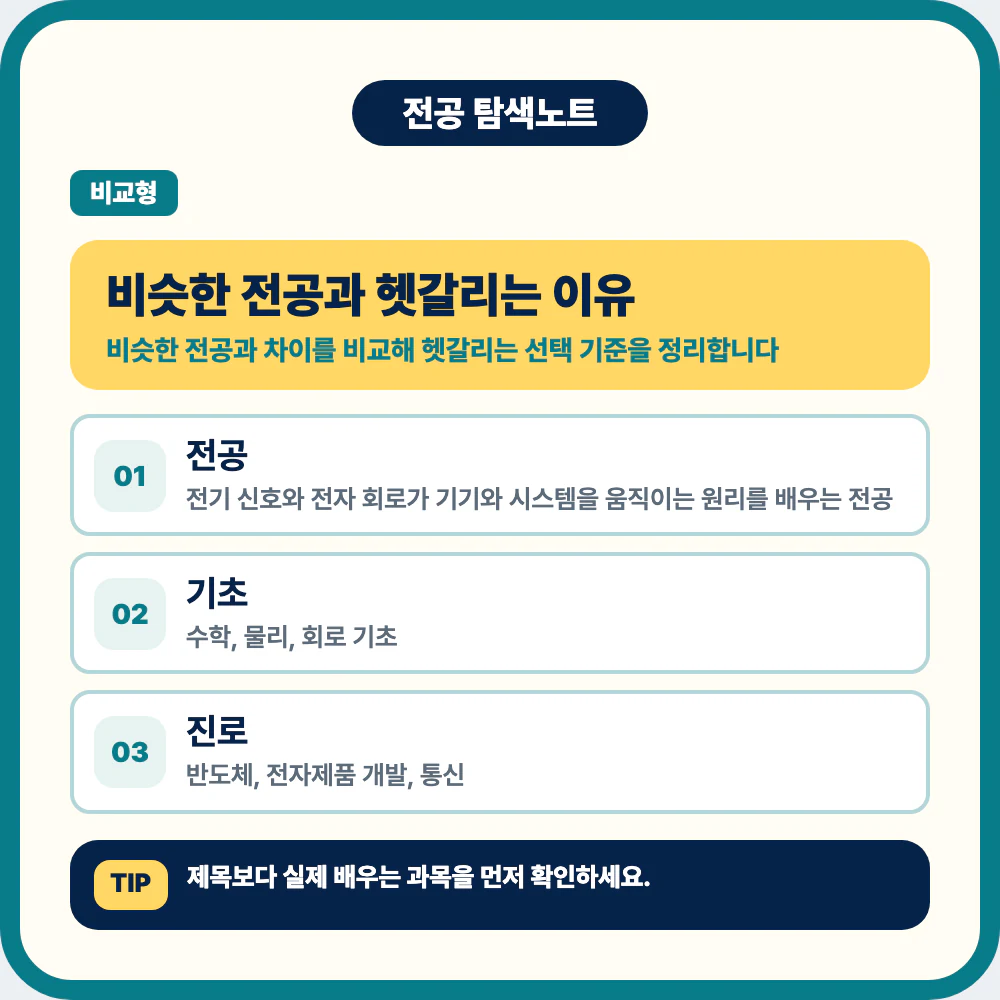 전기전자공학과 전공 정체성과 대표 과목을 설명하는 이미지