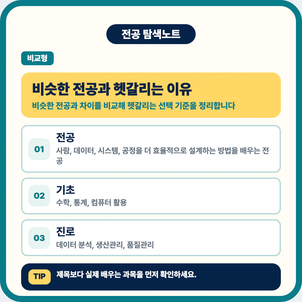 산업공학과 전공 정체성과 대표 과목을 설명하는 비교 이미지