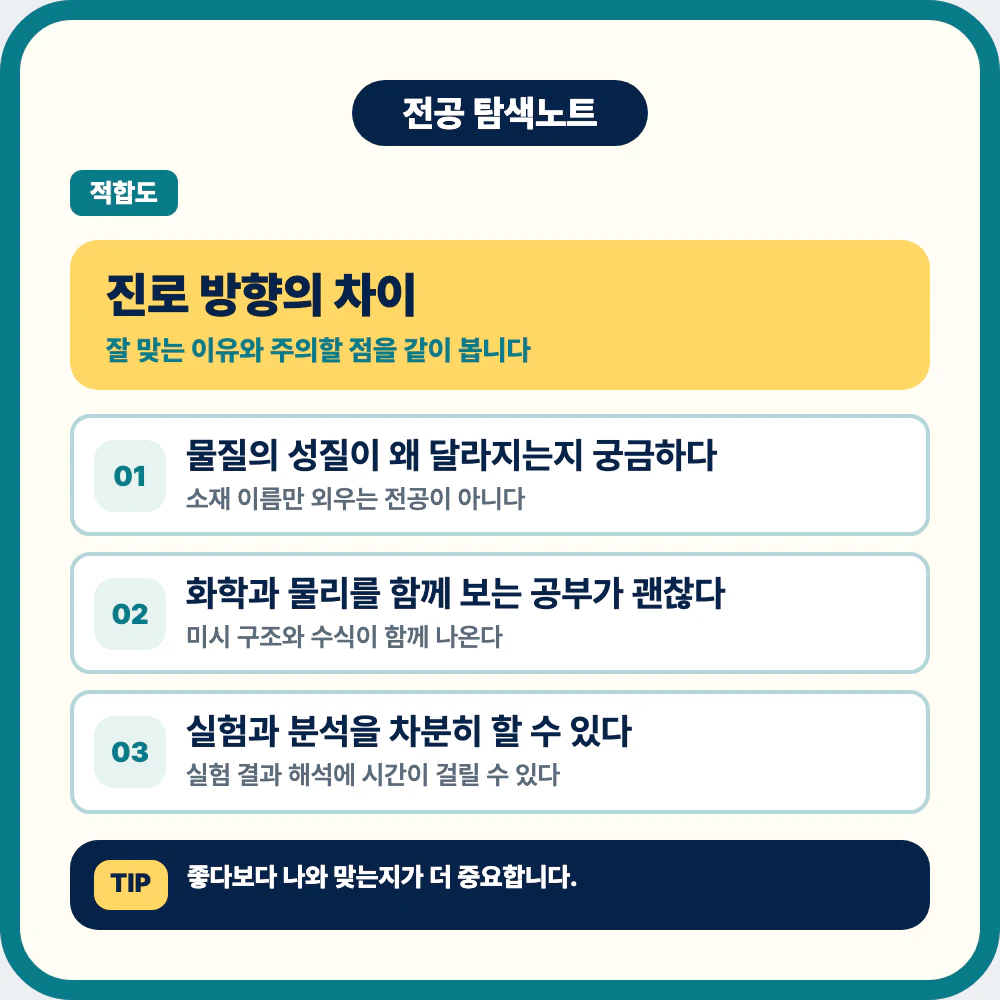 신소재공학과 진로 방향과 학생 유형별 적합성을 정리한 이미지