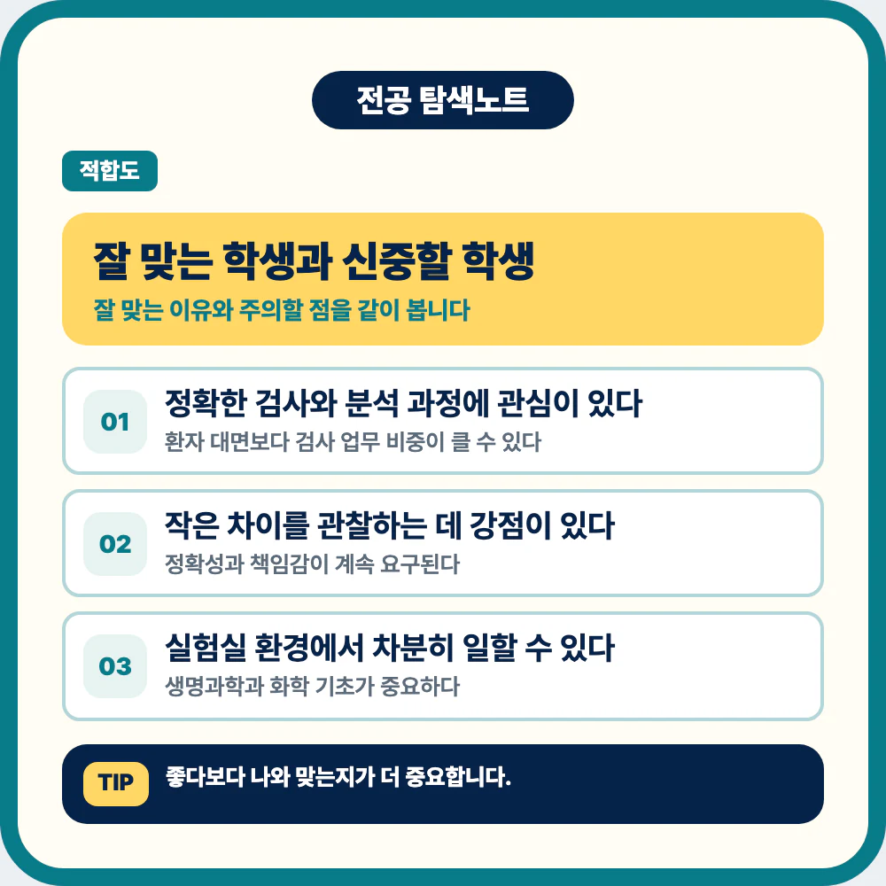 임상병리학과에 잘 맞는 학생과 신중할 학생 비교 이미지