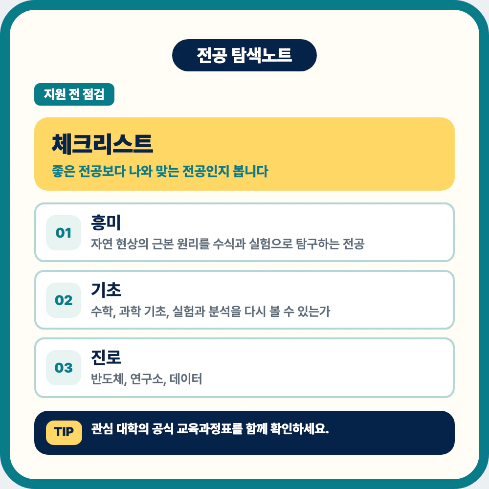 물리학과 지원 전 흥미 기초 과목 학습 방식 진로 체크리스트 이미지