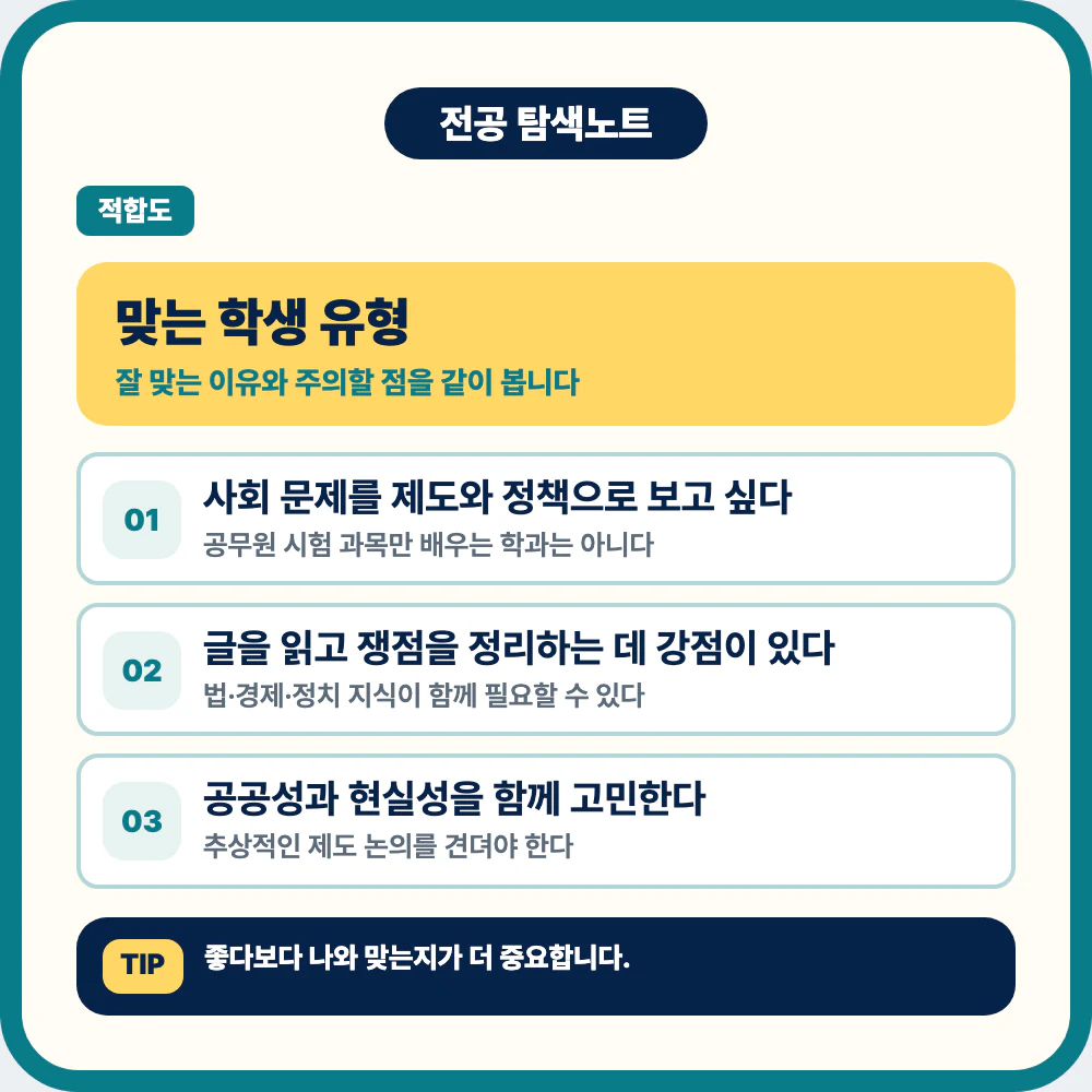 행정학과에 맞는 학생 유형과 사회 문제 정책 관심 체크 이미지