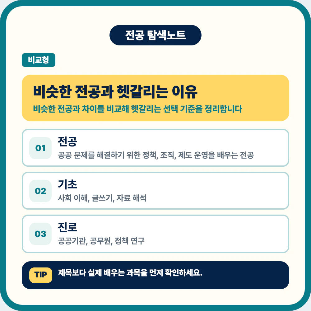 행정학과 전공 정체성과 대표 과목을 설명하는 이미지