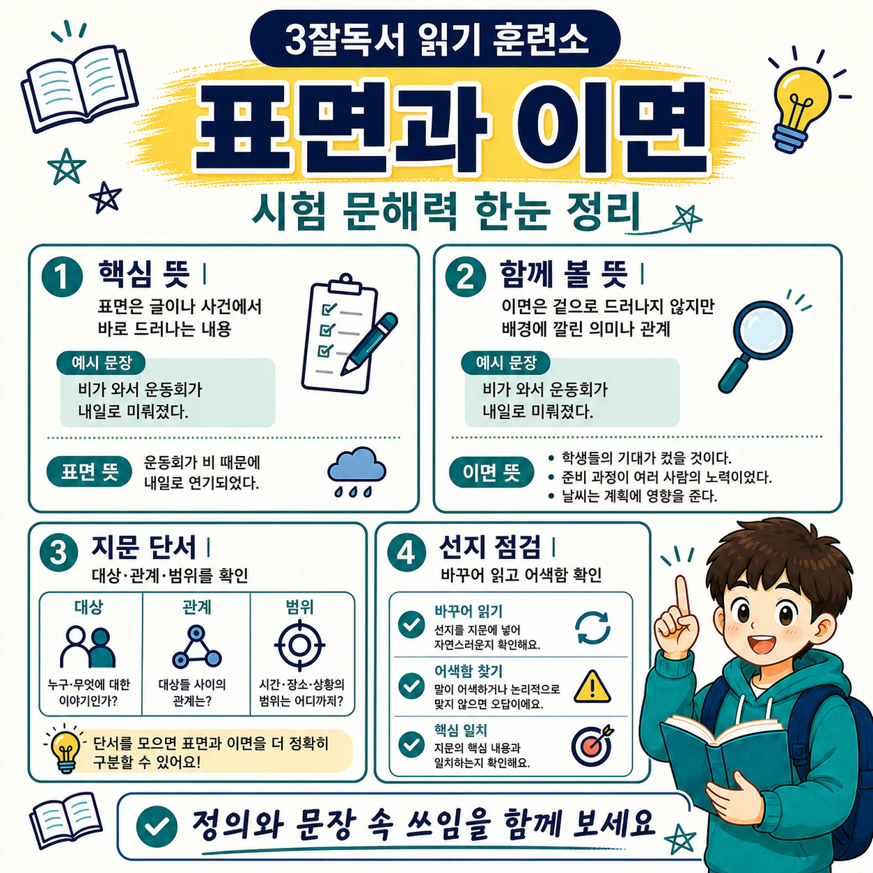 표면과 이면의 선택 근거를 자기 말로 설명하는 국어 독해 복습 이미지