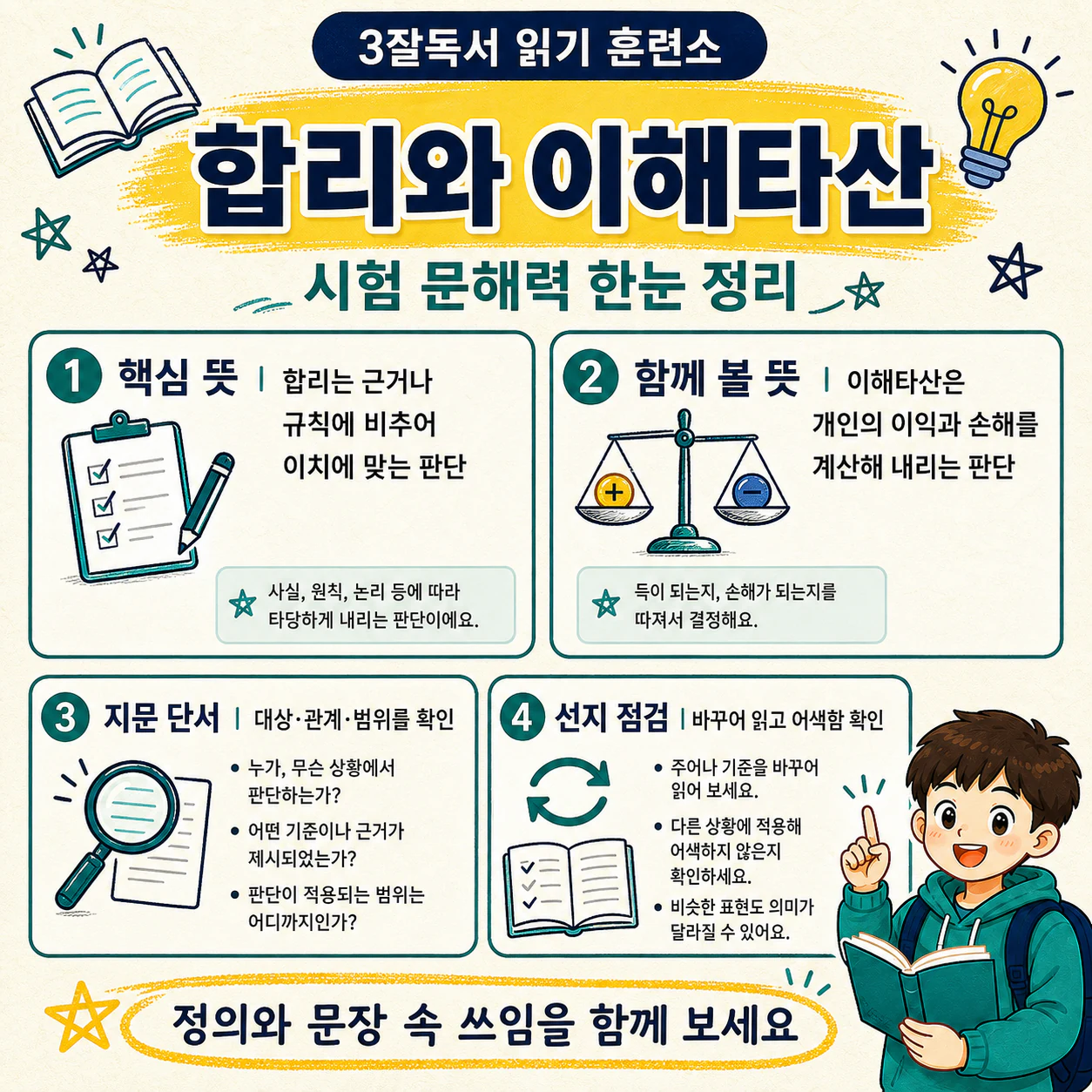 합리와 이해타산 구분 학습을 마무리하는 3잘독서 읽기 훈련소 이미지