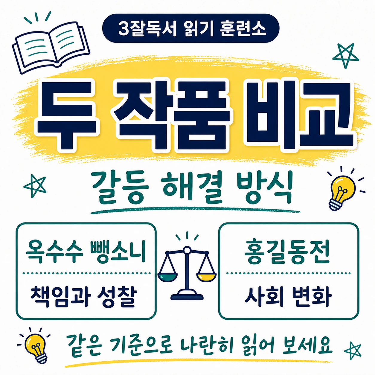 옥수수 뺑소니와 홍길동전의 갈등 원인과 해결 방식을 비교한 3잘독서 학습 이미지