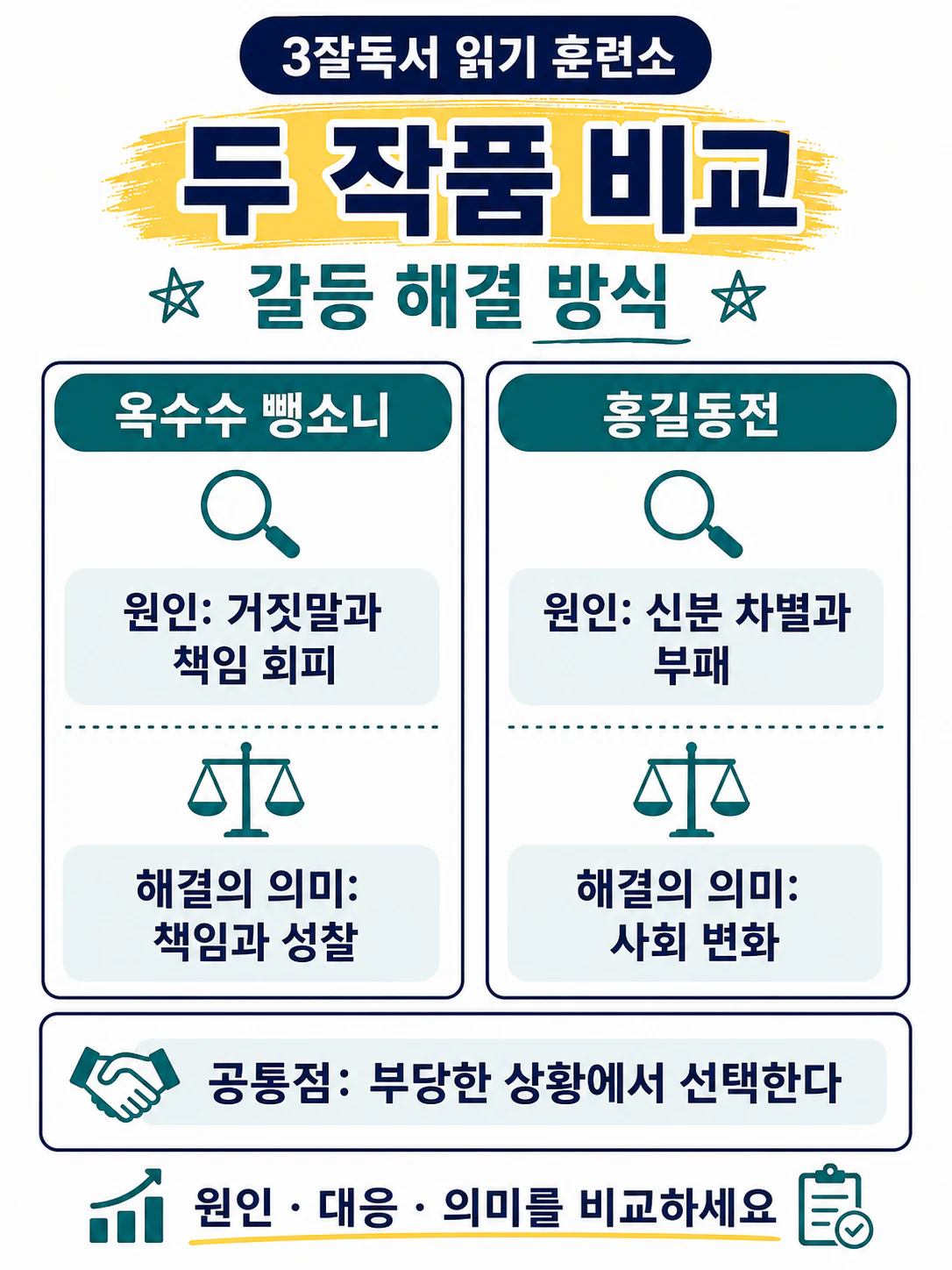 옥수수 뺑소니의 개인적 성찰과 홍길동전의 사회적 실천 차이를 정리한 갈등 해결 비교 인포그래픽
