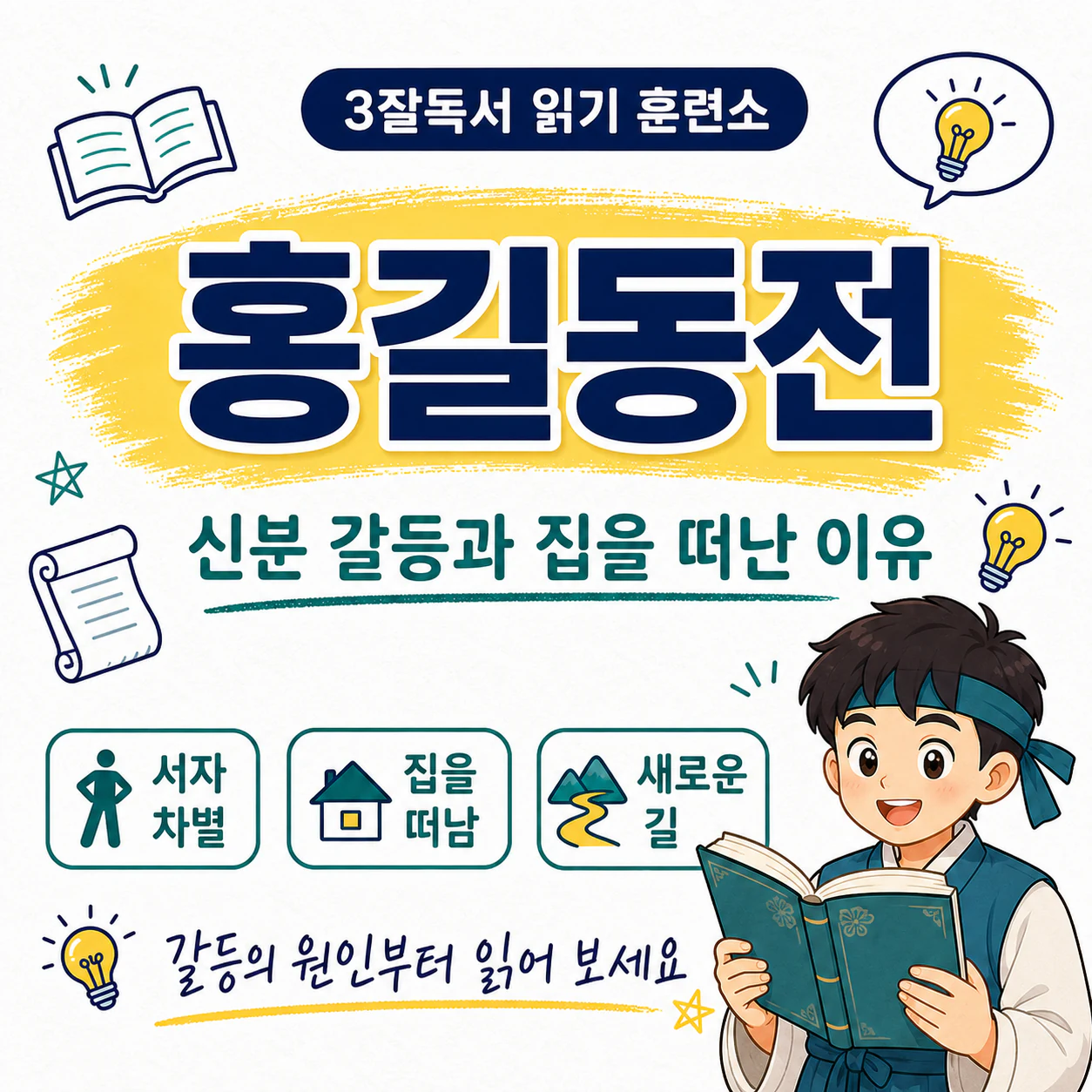 홍길동전 줄거리와 홍길동의 서자 신분 갈등을 설명하는 학습 이미지