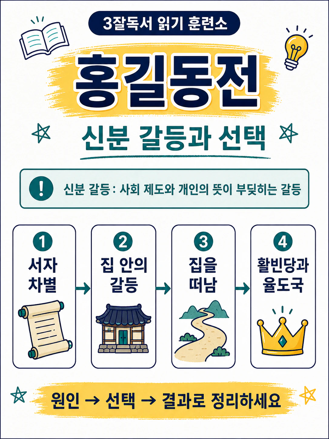 홍길동전의 차별과 선택, 활빈당 활동과 율도국 건설 과정을 정리한 복습 이미지