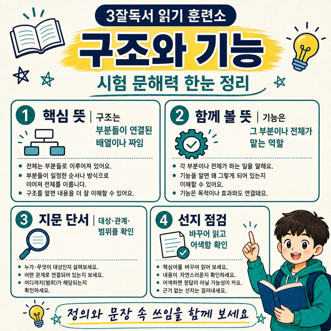 구조와 기능의 차이를 자기 말로 설명하는 국어 독해 학습 마무리 이미지