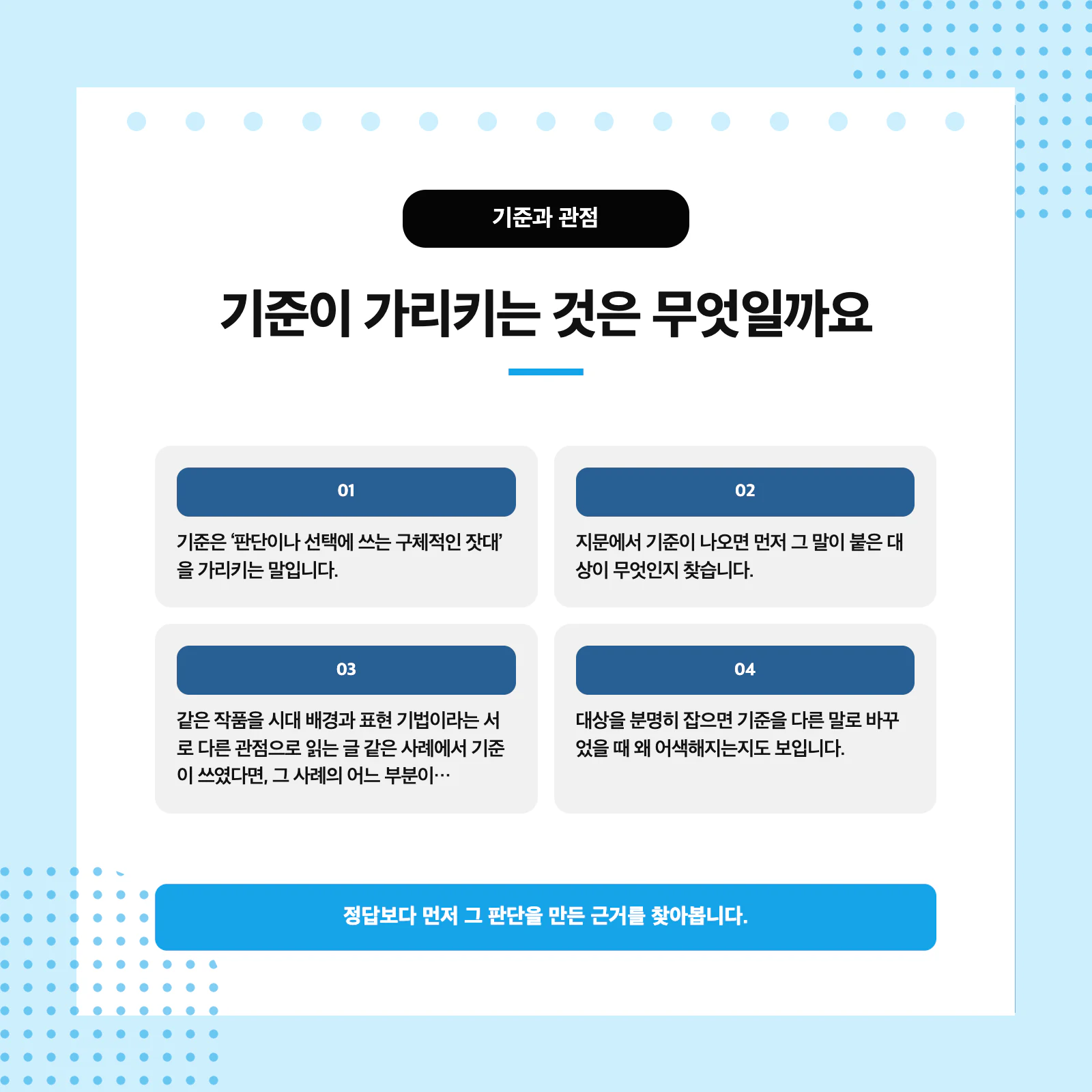 기준과 관점의 정의와 확인 질문을 비교한 학습표