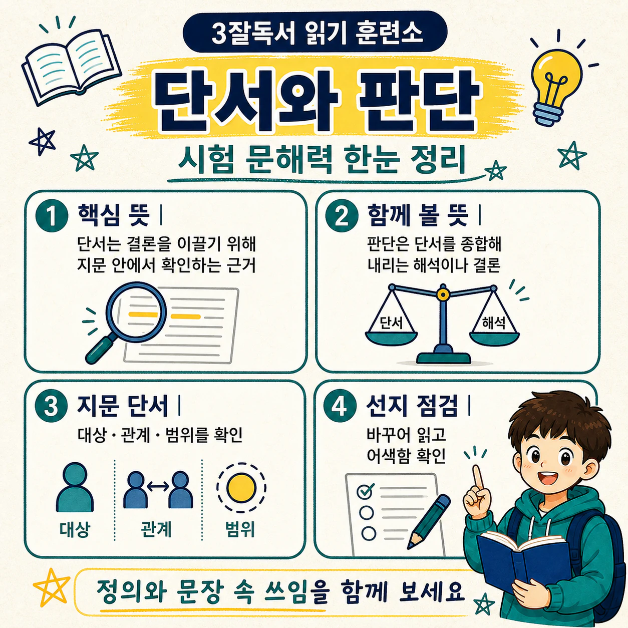 단서에서 판단으로 이어지는 국어 독해 사고 과정을 정리한 학습 이미지