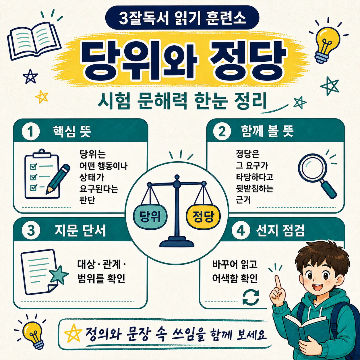 당위와 정당의 차이를 자기 말로 설명하며 복습하는 국어 독해 학습 이미지