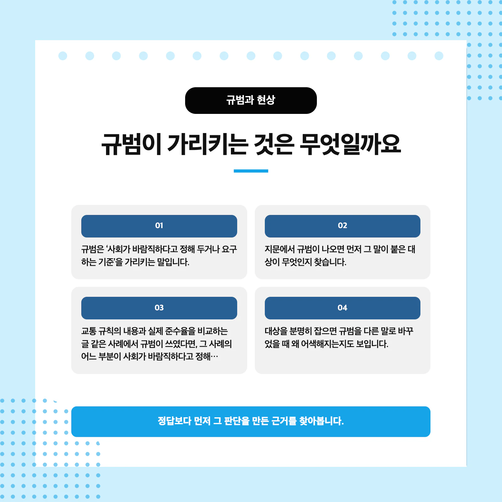 규범과 현상의 의미와 판단 단서를 비교한 학습표