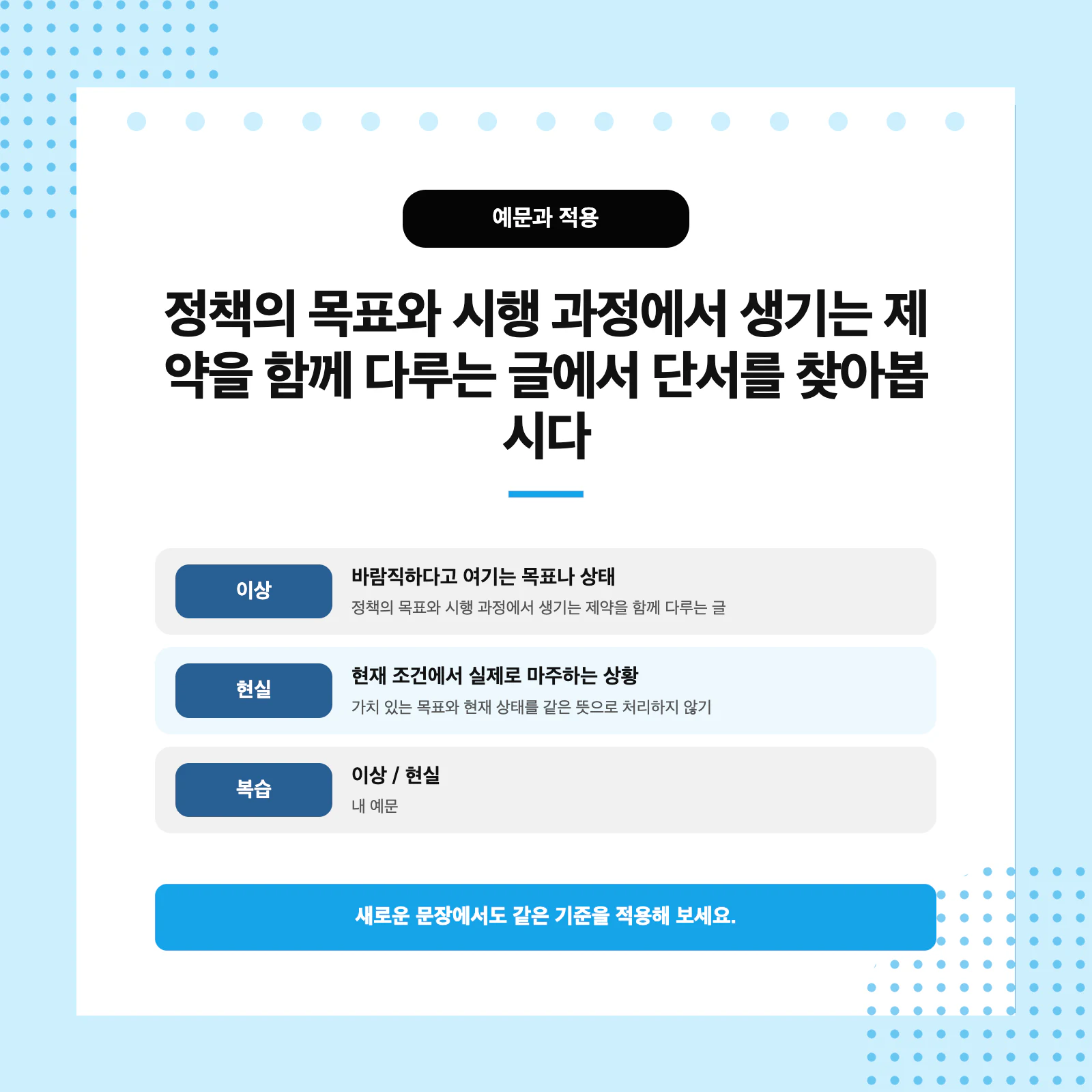 이상과 현실의 정의와 문장 판단 기준을 비교한 표